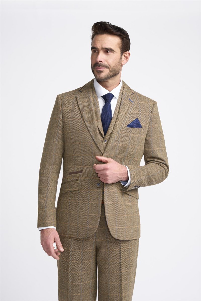 Cavani Albert – Men’s Herringbone Tweed Check 3 Piece Suit – Tan Brown