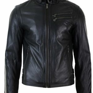 Real Leather Slim Fit Short Mens Biker Racing Jacket Stripes Sleeves Zipped