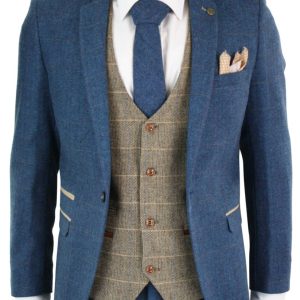 Marc Darcy Dion - Mens Blue Tan Brown 3 Piece Herringbone Tweed Check Vintage Tailored Fit Suit