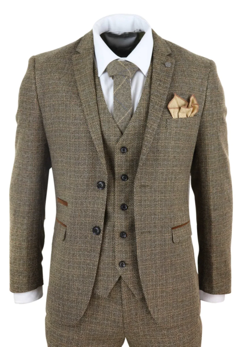 Mens 3 Piece Tweed Check Suit – Brown