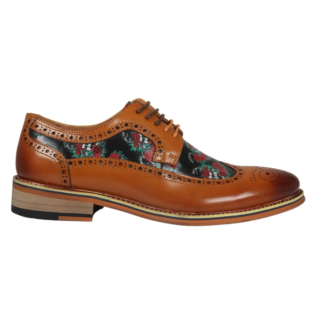 Ross – Men’s Brown Floral Skull Print Leather Brogue Shoes
