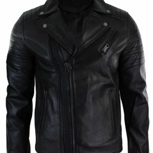 Real Leather Slim Fit Cross Zip Retro Vintage Brando Mens Jacket Vintage Biker-Black